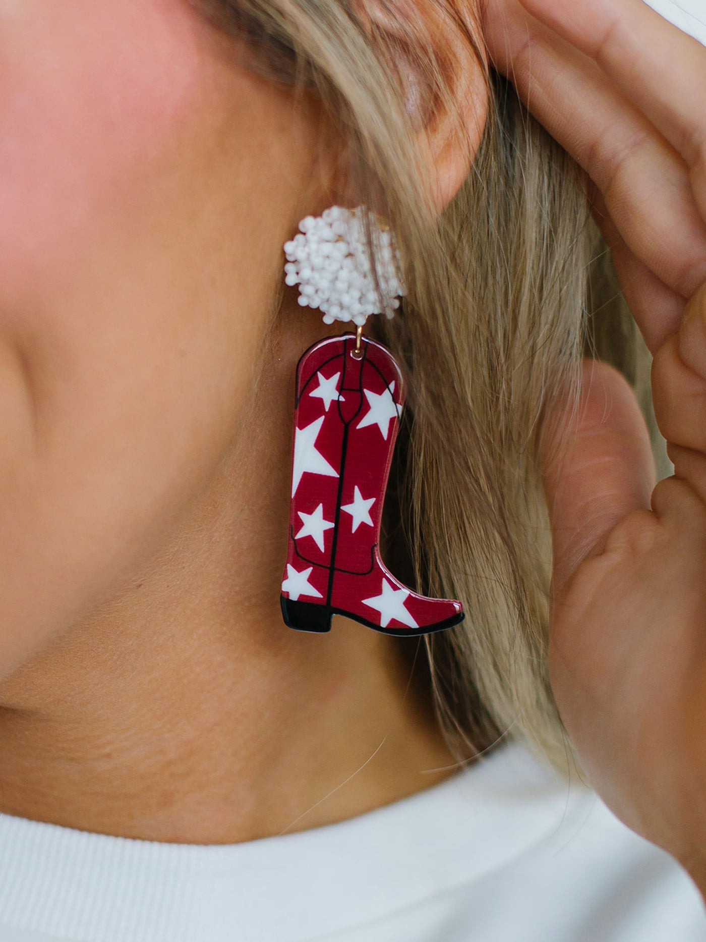 Gameday Cowgirl Earrings | Crimson + White