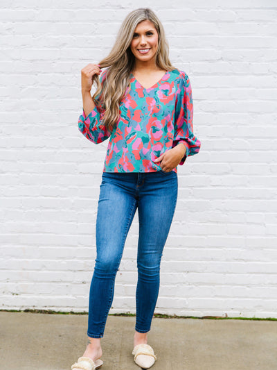 Aspen Top | Falling Poppies Teal