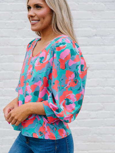 Aspen Top | Falling Poppies Teal