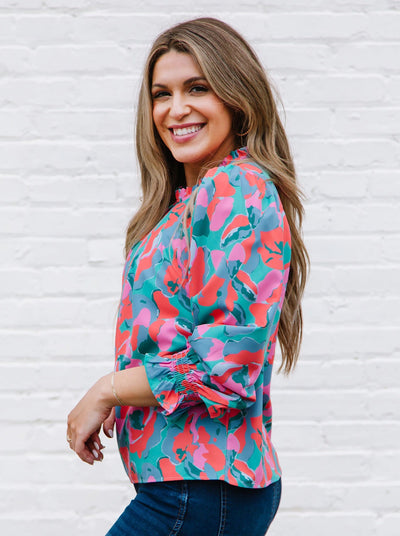 Quinn Top | Falling Poppies Teal